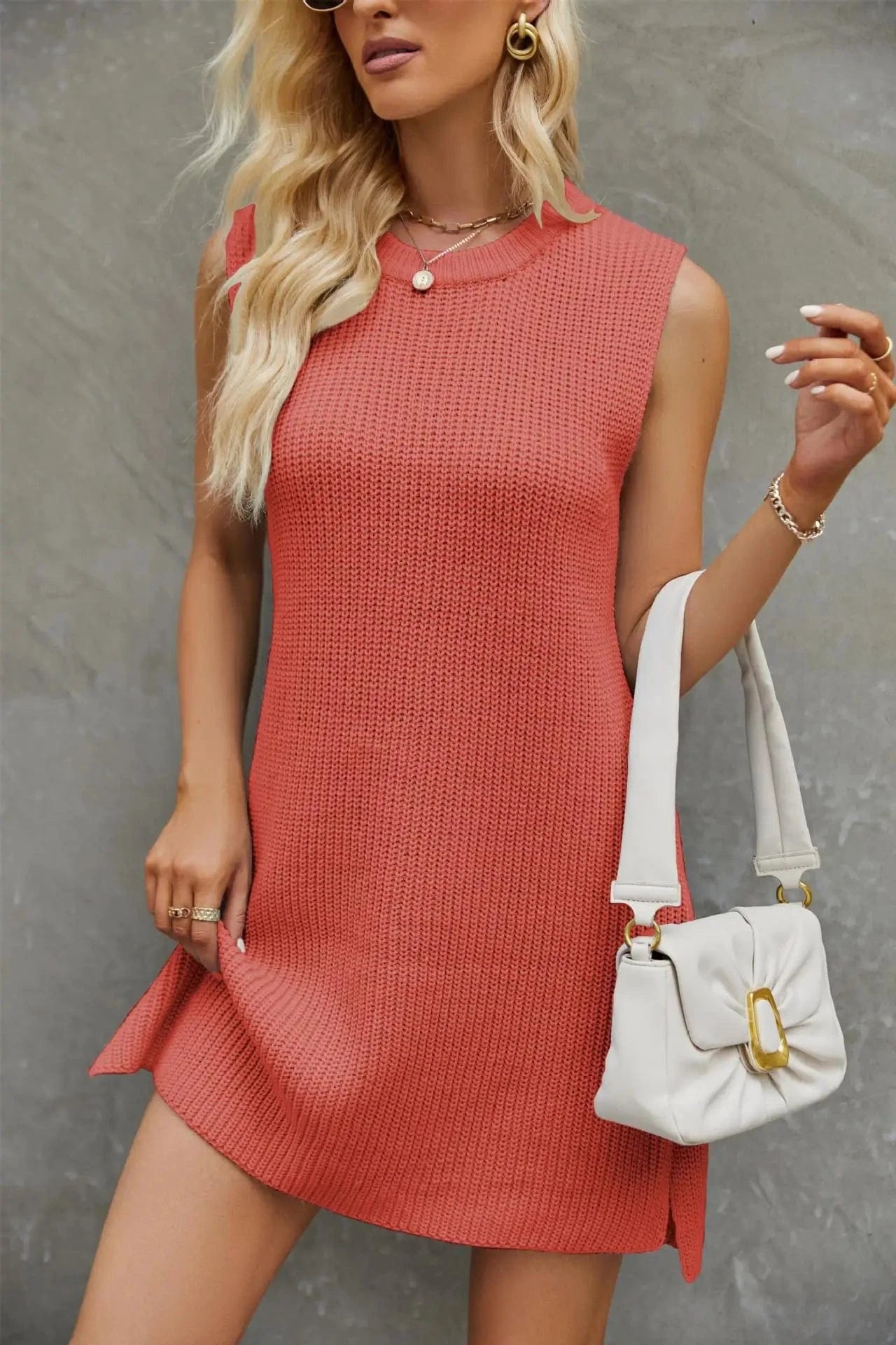 2024 Summer New Model Dresses Solid Color Round Collar Sleeveless Fashion Knit Dress Fashion Slit Women Casual Dress