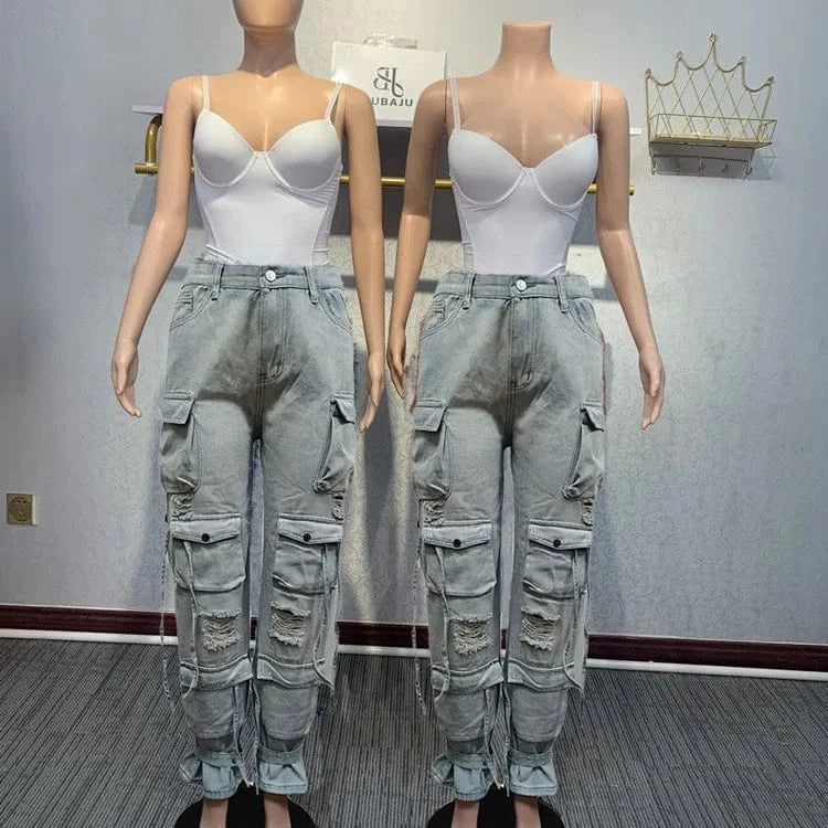 2024 Summer New Sleeveless Corset Tank Tops +Cargo Denim Pants Two-piece Sets Women