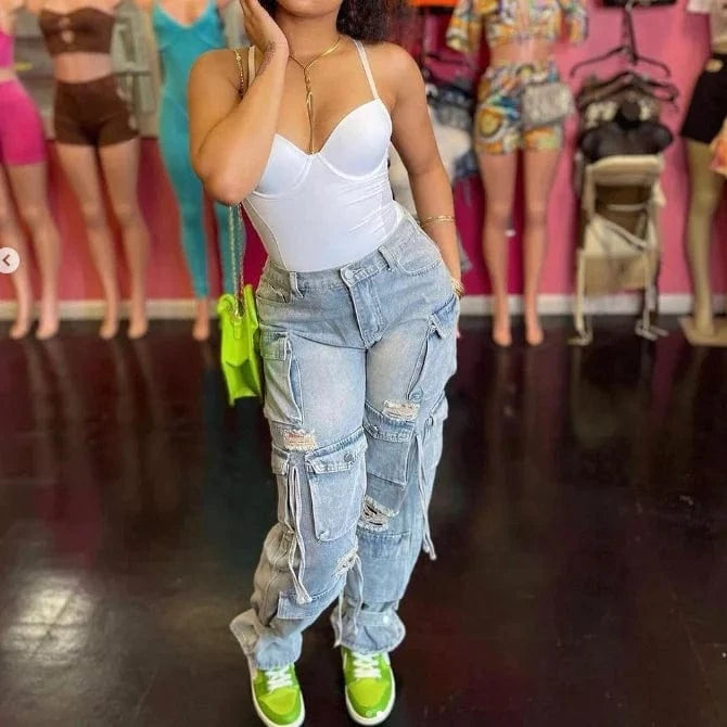 2024 Summer New Sleeveless Corset Tank Tops +Cargo Denim Pants Two-piece Sets Women