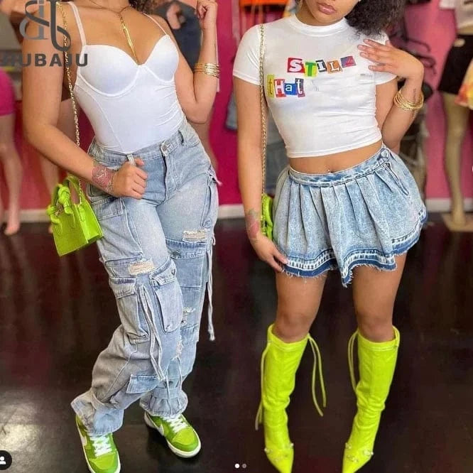 2024 Summer New Sleeveless Corset Tank Tops +Cargo Denim Pants Two-piece Sets Women