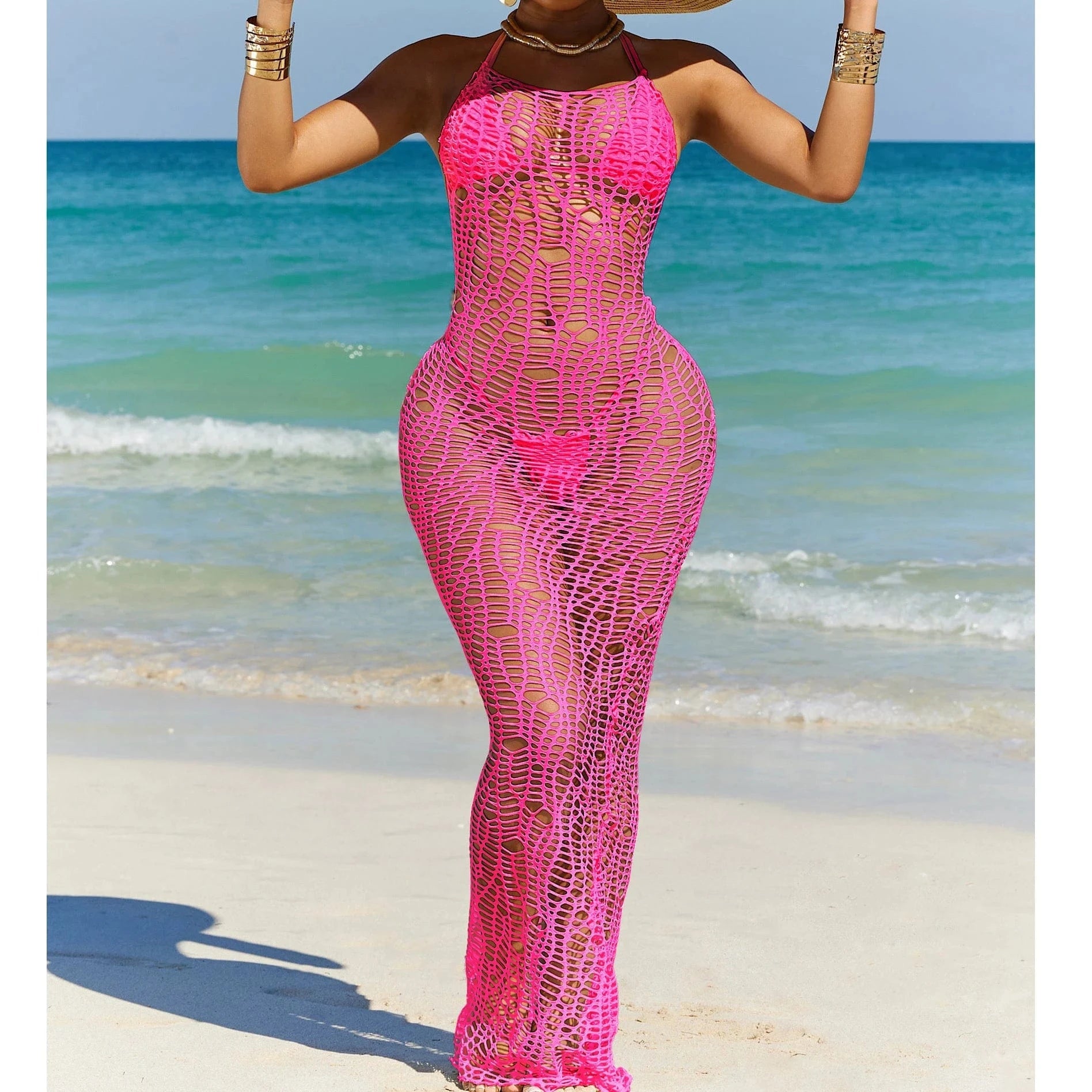 2024 Summer New Style Hollow Out Long Dress + Bra + Underwear Fashion Sexy 3 Piece Beach Cover Sets