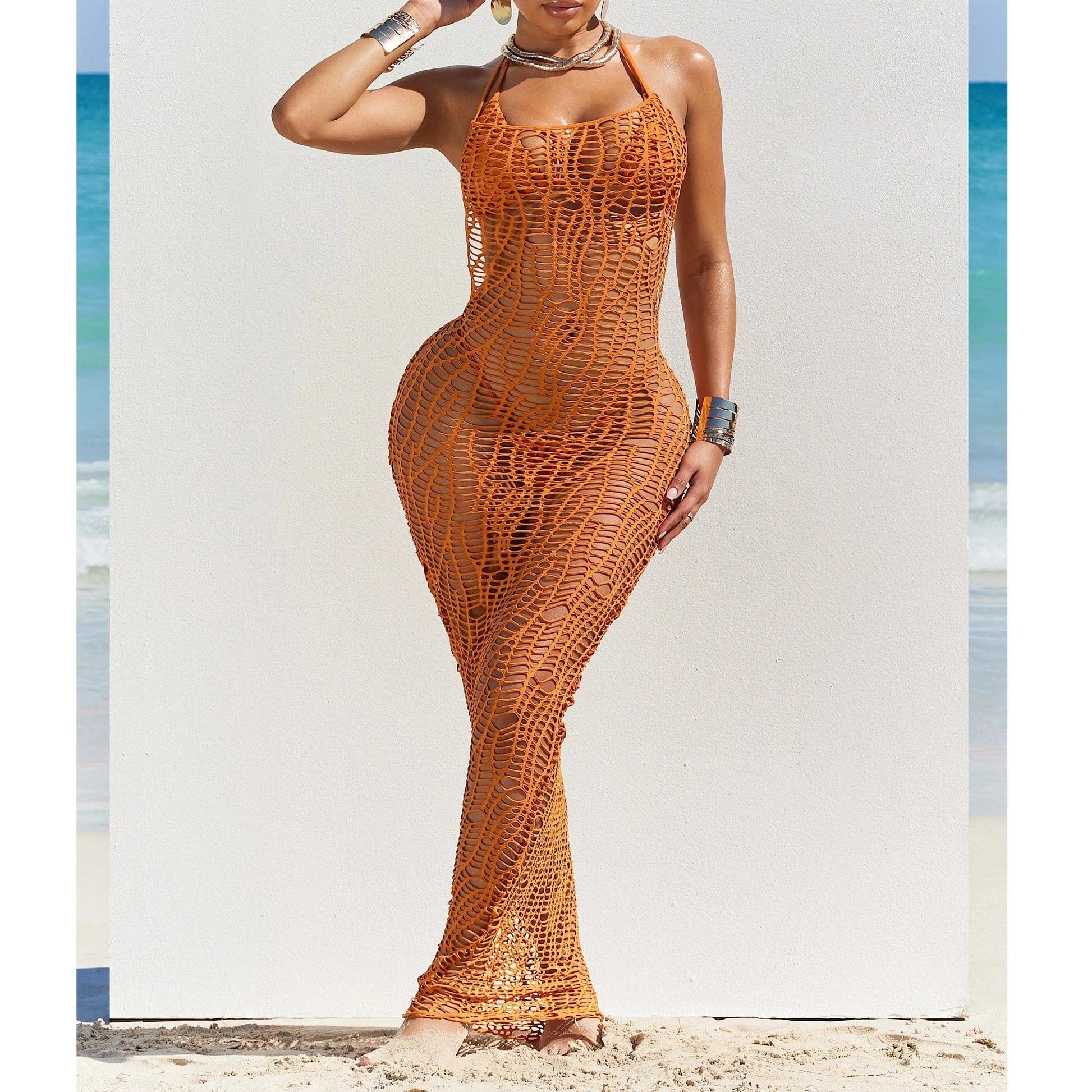 2024 Summer New Style Hollow Out Long Dress + Bra + Underwear Fashion Sexy 3 Piece Beach Cover Sets