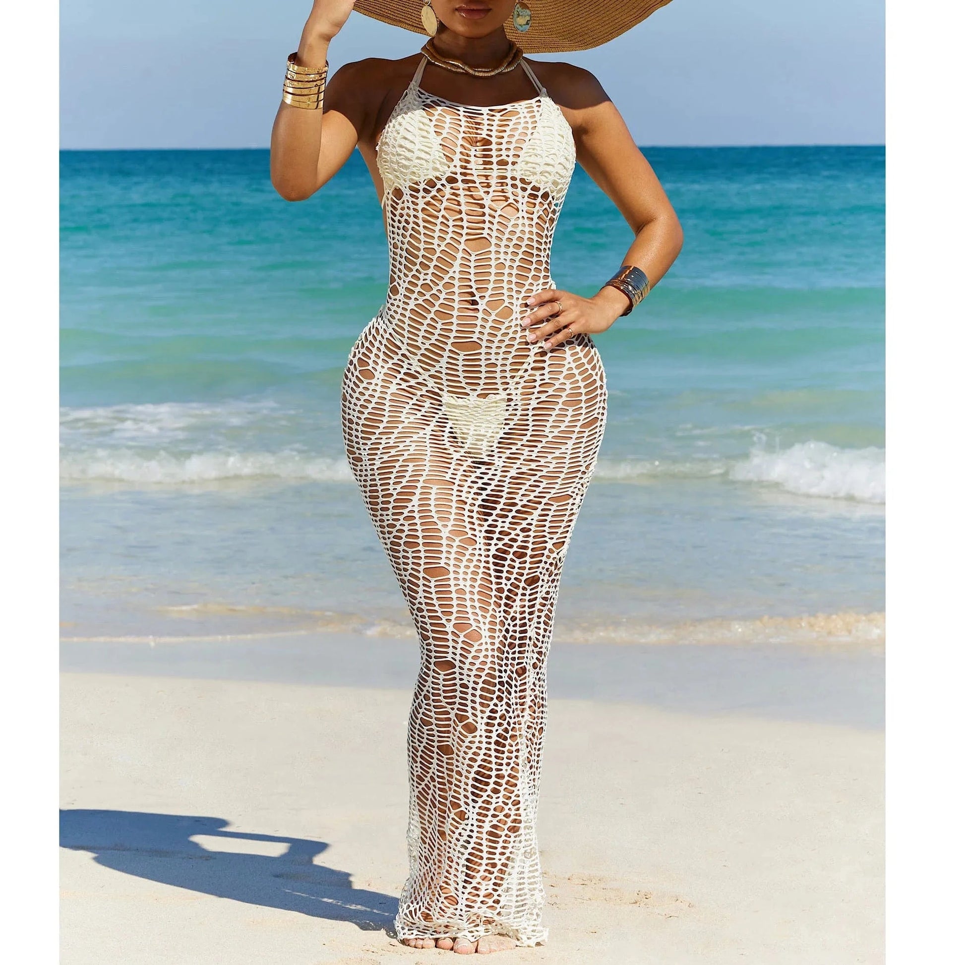 2024 Summer New Style Hollow Out Long Dress + Bra + Underwear Fashion Sexy 3 Piece Beach Cover Sets