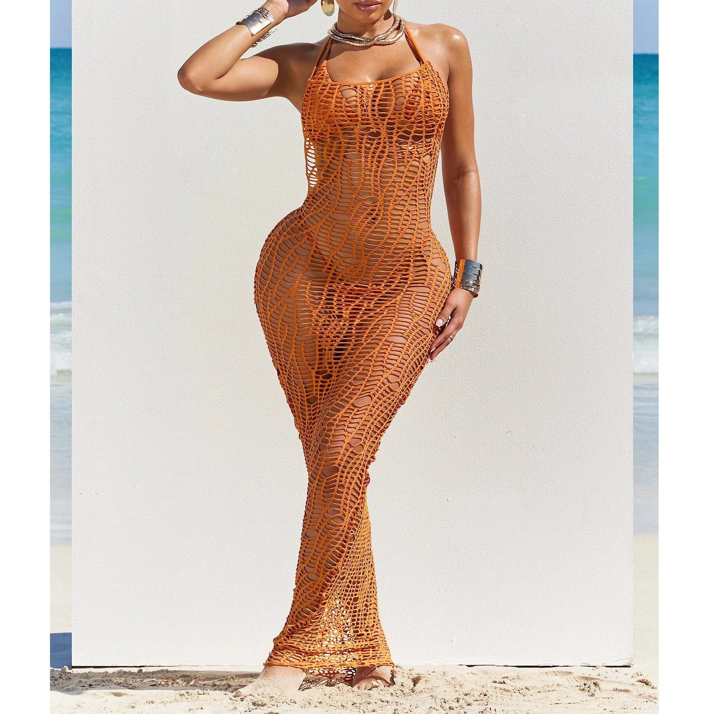 2024 Summer New Style Hollow Out Long Dress + Bra + Underwear Fashion Sexy 3 Piece Beach Cover Sets