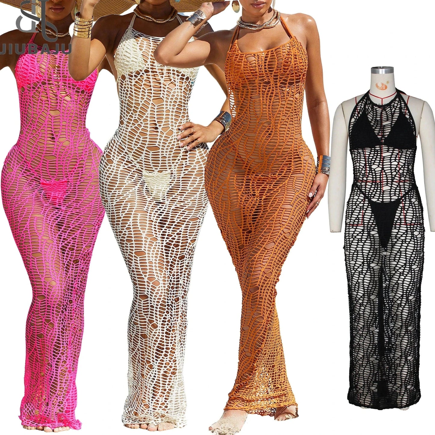 2024 Summer New Style Hollow Out Long Dress + Bra + Underwear Fashion Sexy 3 Piece Beach Cover Sets