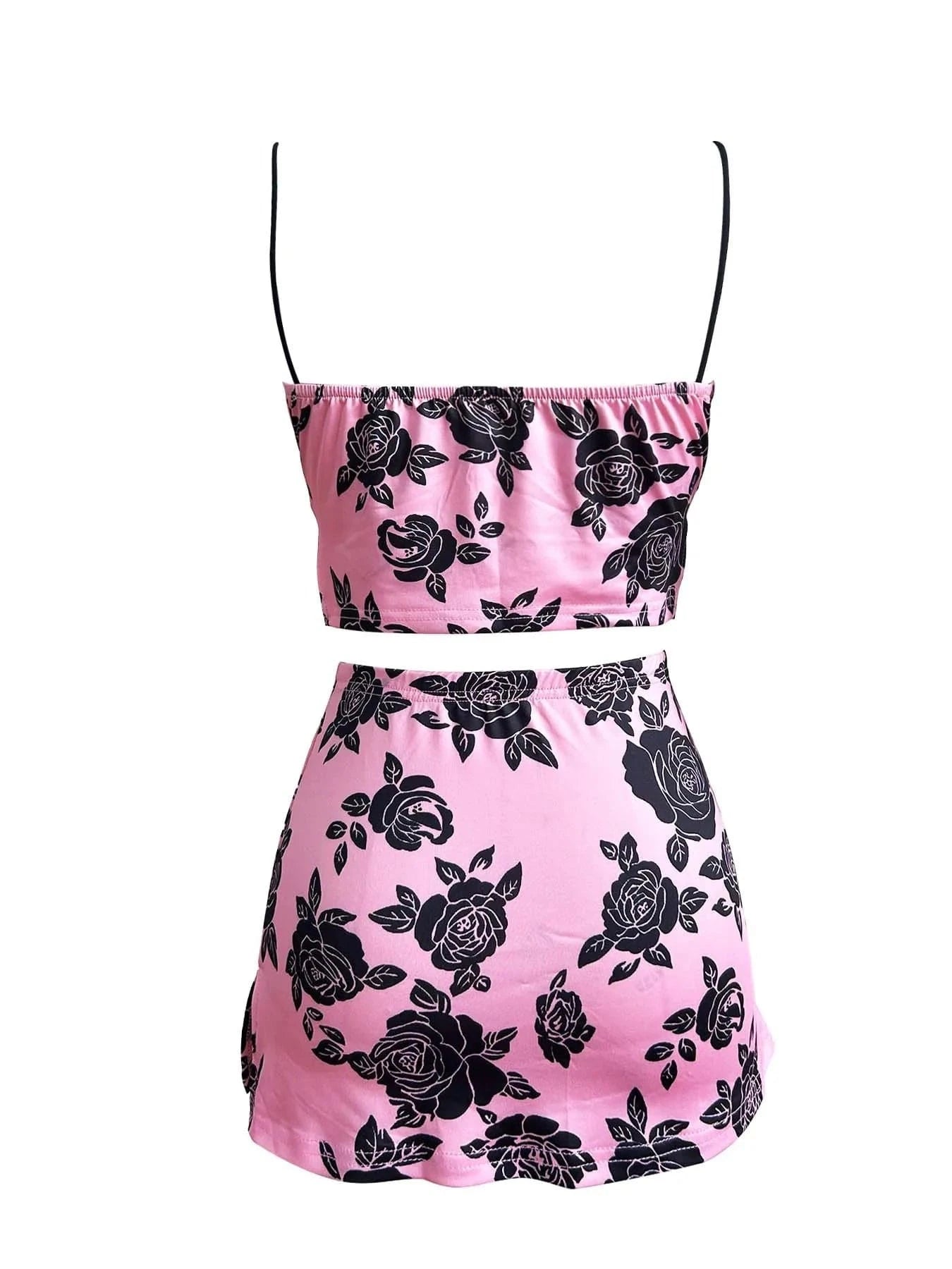 2024 Summer New Two Piece Set Lace Trim Floral Print Camisole Top and Matching Mini Skirt 2 piece Skirt set Women Clothing