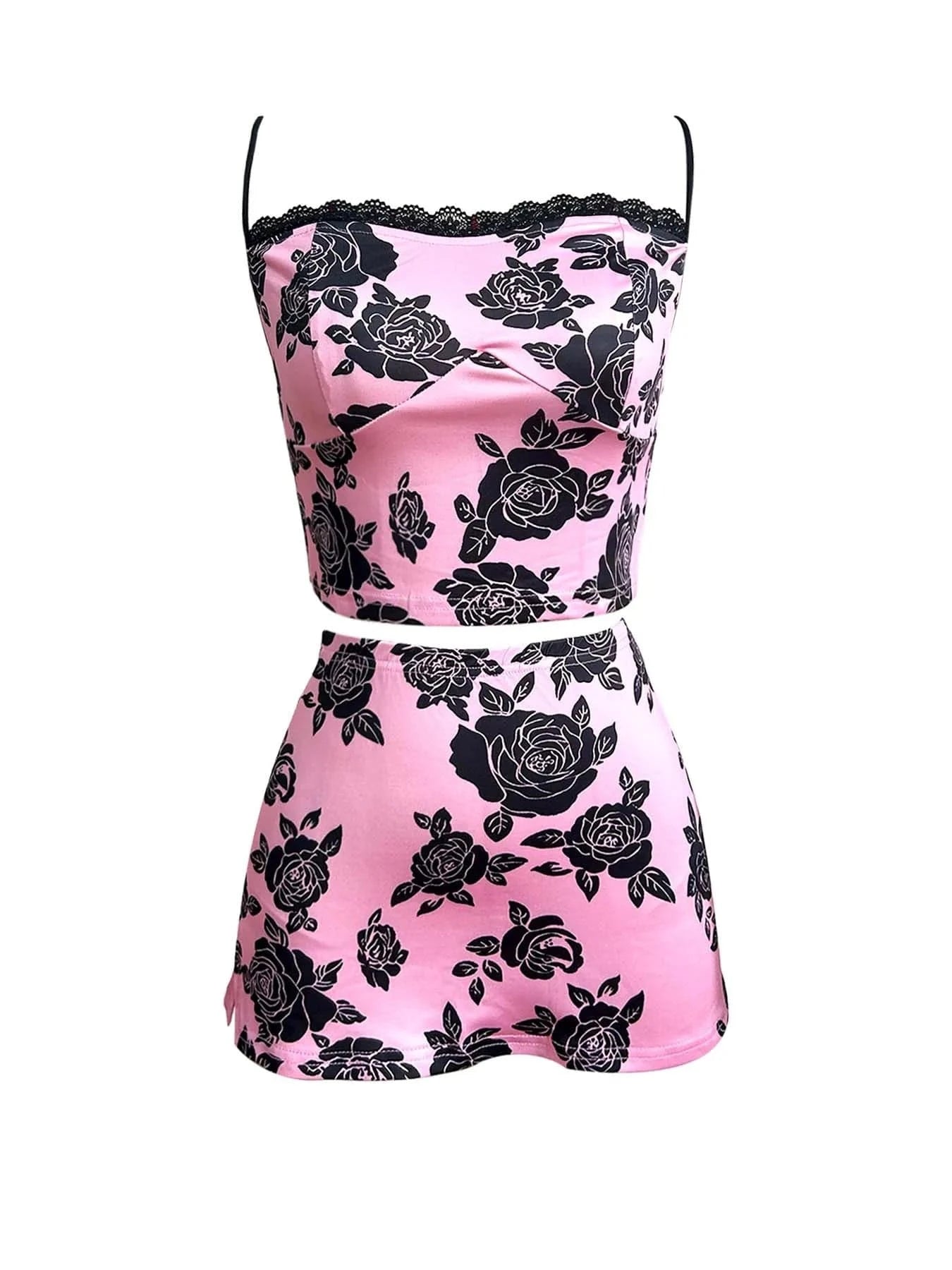 2024 Summer New Two Piece Set Lace Trim Floral Print Camisole Top and Matching Mini Skirt 2 piece Skirt set Women Clothing