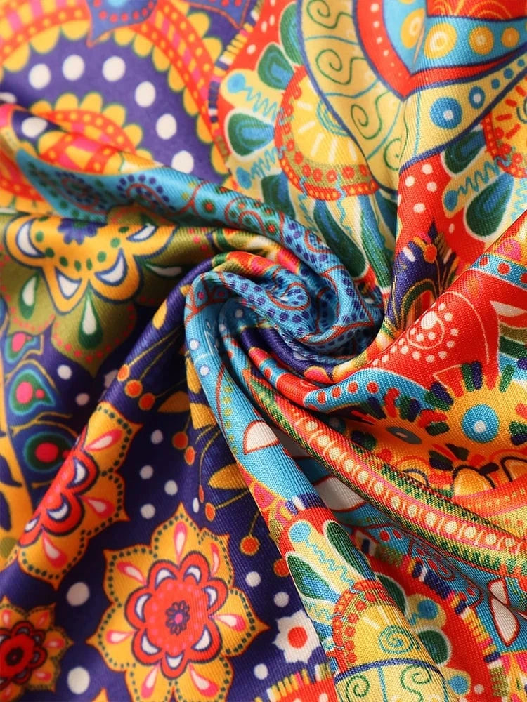 2024 Summer New Women's Long Sleeve V-Neck Printed Pattern Dresses A-Line Ruffle Dresses Best for Summer