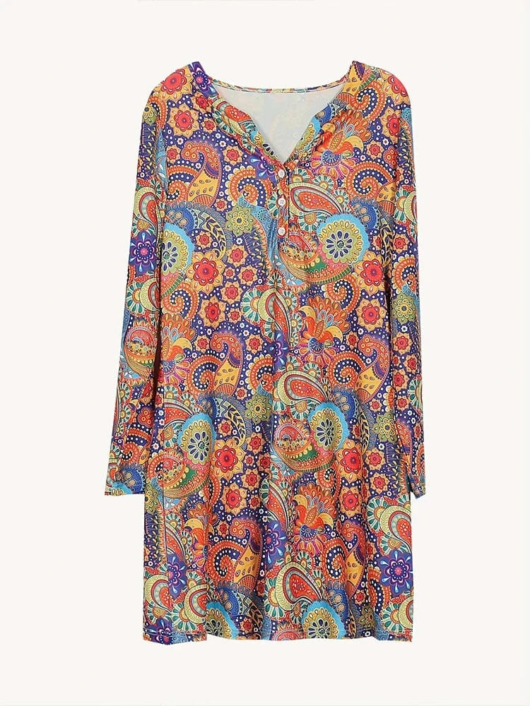 2024 Summer New Women's Long Sleeve V-Neck Printed Pattern Dresses A-Line Ruffle Dresses Best for Summer