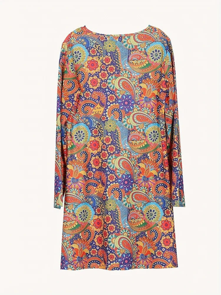 2024 Summer New Women's Long Sleeve V-Neck Printed Pattern Dresses A-Line Ruffle Dresses Best for Summer