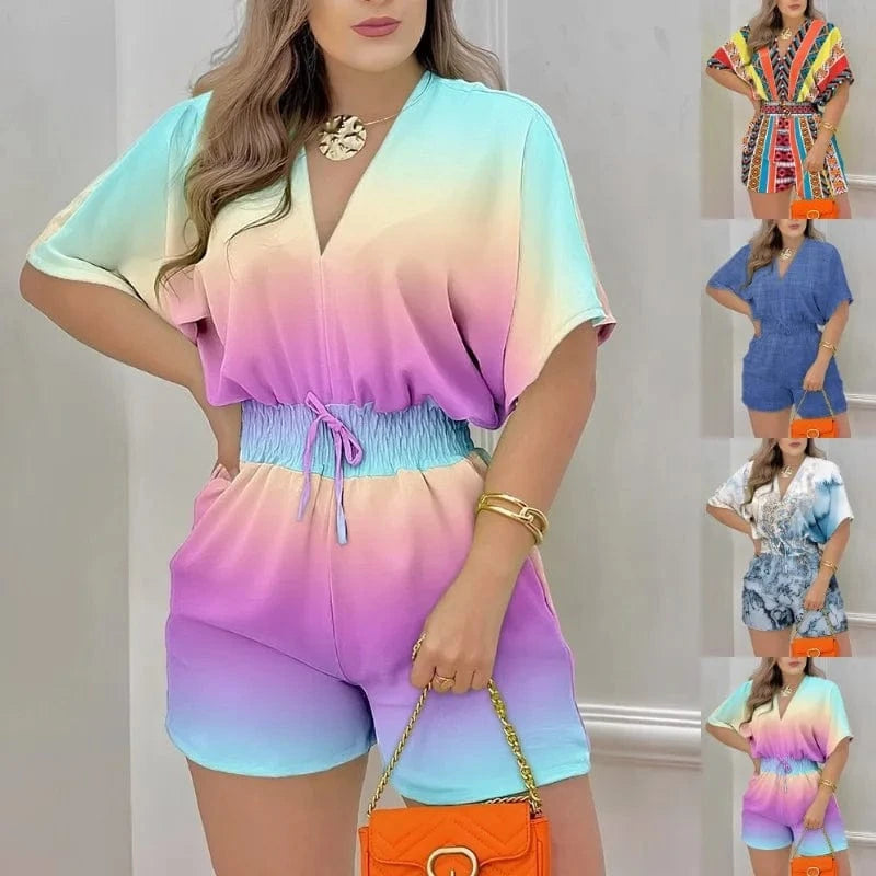 2024 Summer New Women's Wear Short-sleeved V-neck Lace-up Jumpsuit Women's Casual Beach Getaway Jumpsuit