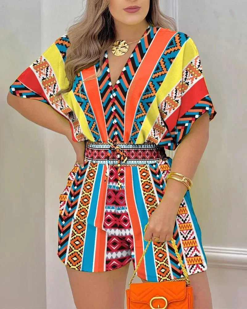 2024 Summer New Women's Wear Short-sleeved V-neck Lace-up Jumpsuit Women's Casual Beach Getaway Jumpsuit