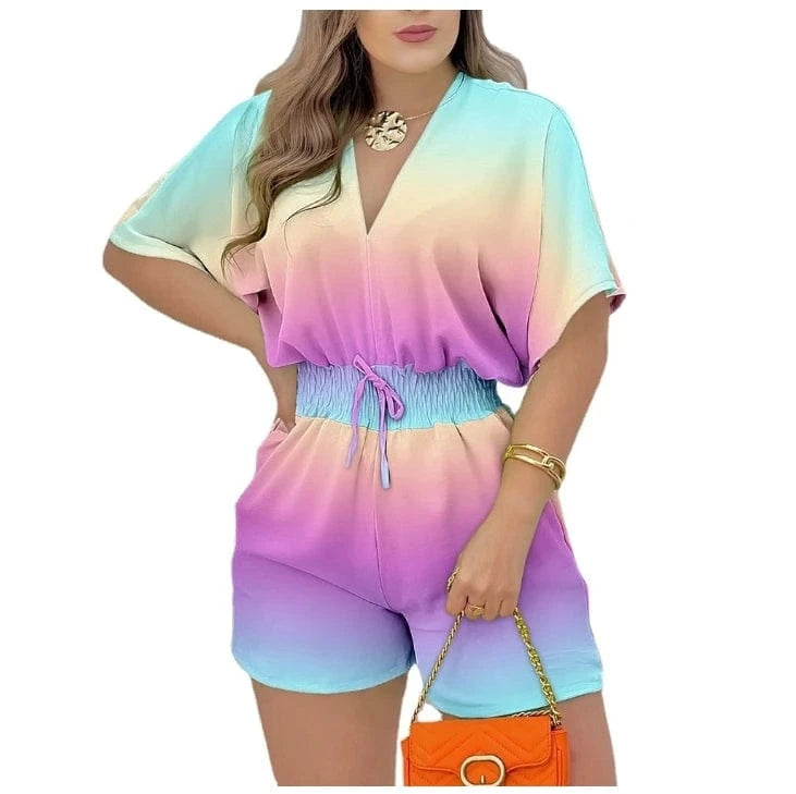 2024 Summer New Women's Wear Short-sleeved V-neck Lace-up Jumpsuit Women's Casual Beach Getaway Jumpsuit