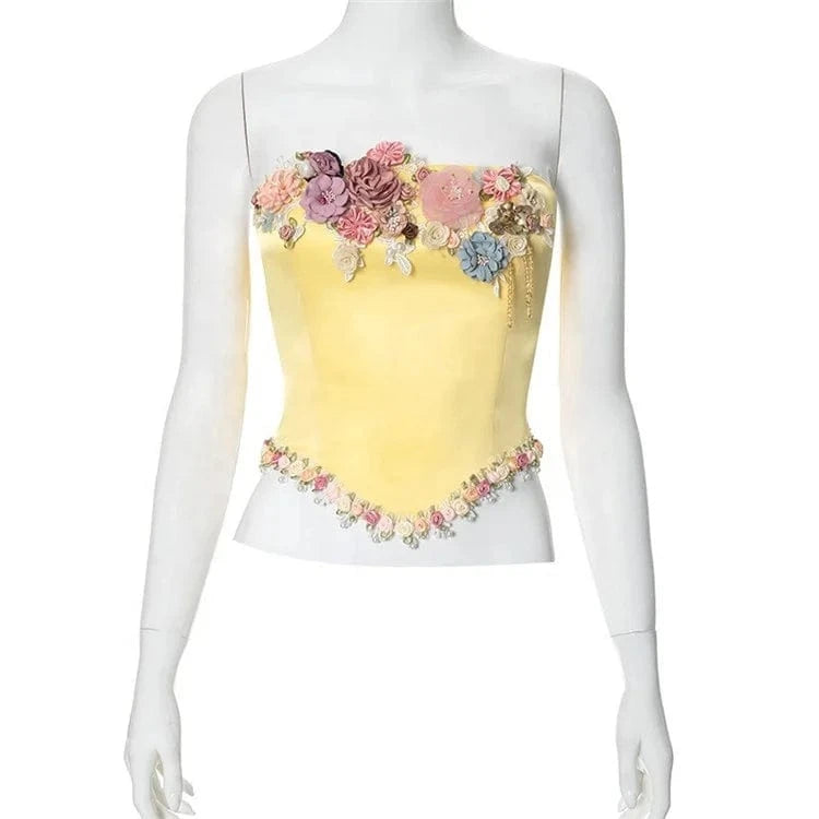 2024 Summer New Y2K Floral Appliques Bustier Top Women Luxury Vintage Spring Clothes Sexy Elegant Strapless Crop Tops