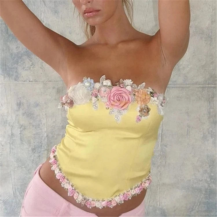 2024 Summer New Y2K Floral Appliques Bustier Top Women Luxury Vintage Spring Clothes Sexy Elegant Strapless Crop Tops