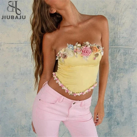 2024 Summer New Y2K Floral Appliques Bustier Top Women Luxury Vintage Spring Clothes Sexy Elegant Strapless Crop Tops