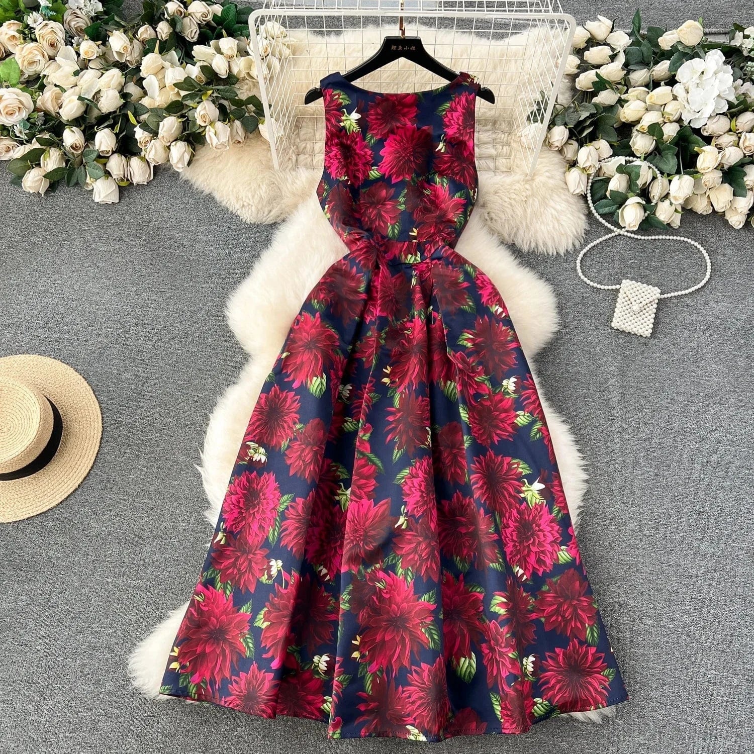 2024 Summer O-neck Sleeveless Print Casual Dress Women High Waist Maxi A-line Dress Ladies Retro Dresses Clothes Women Wholesale