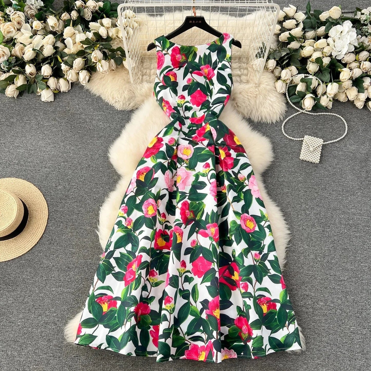 2024 Summer O-neck Sleeveless Print Casual Dress Women High Waist Maxi A-line Dress Ladies Retro Dresses Clothes Women Wholesale