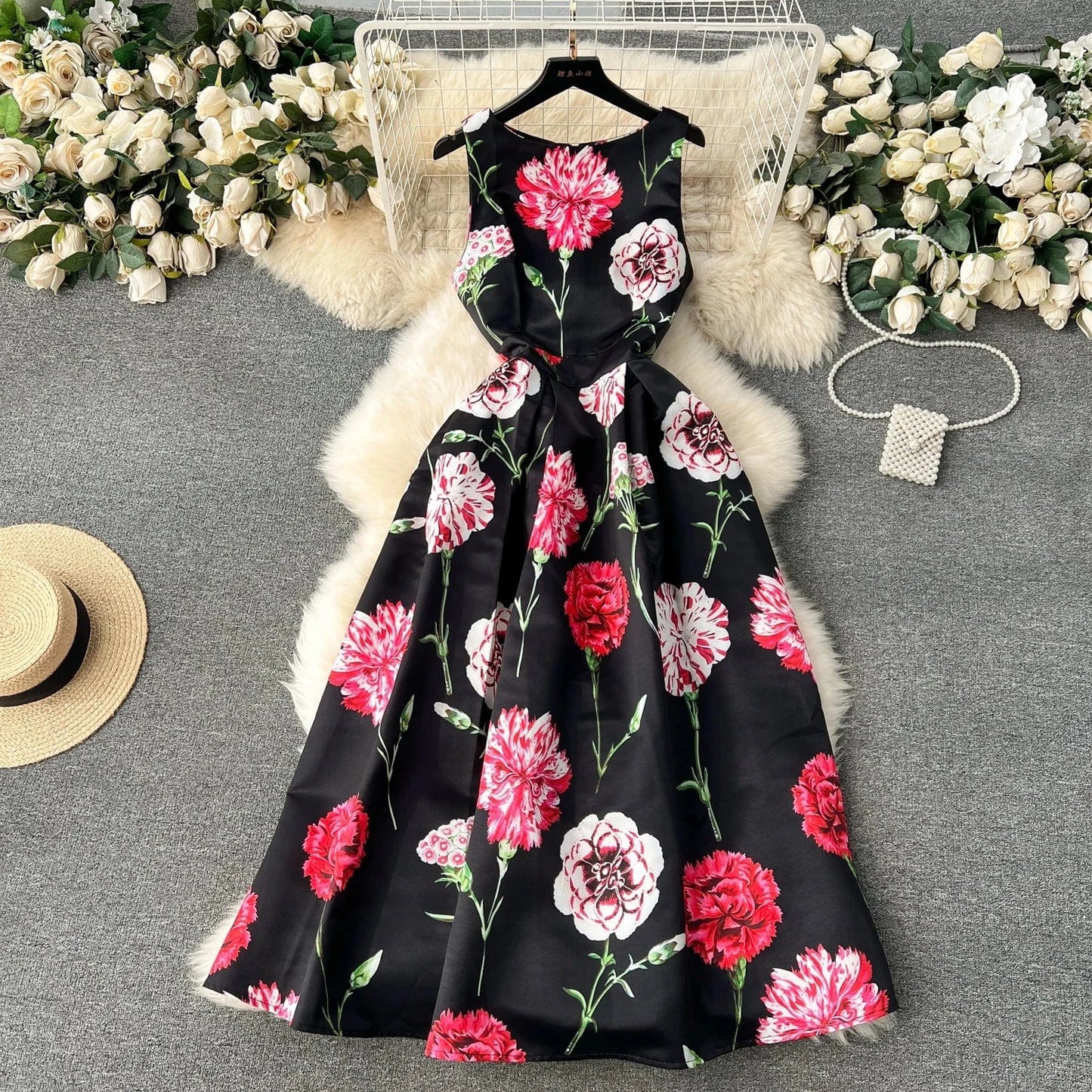 2024 Summer O-neck Sleeveless Print Casual Dress Women High Waist Maxi A-line Dress Ladies Retro Dresses Clothes Women Wholesale