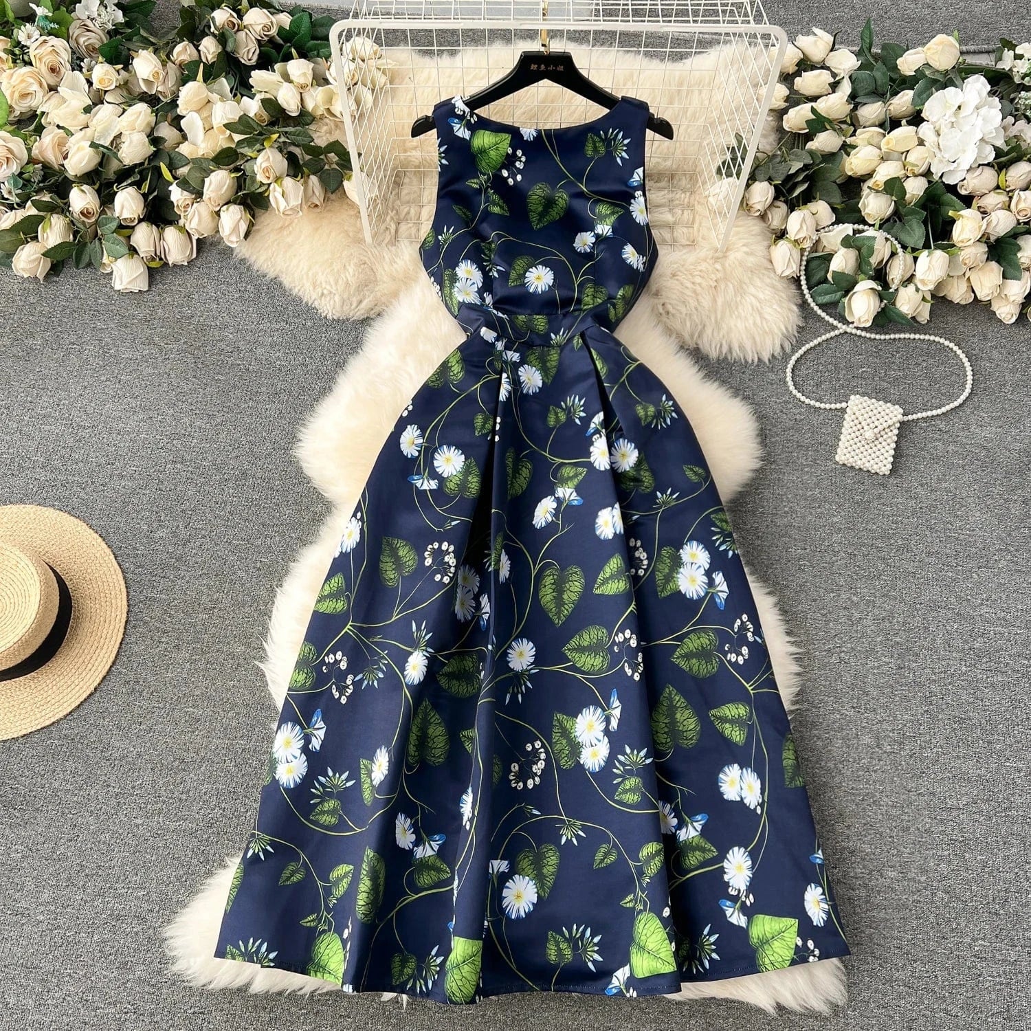2024 Summer O-neck Sleeveless Print Casual Dress Women High Waist Maxi A-line Dress Ladies Retro Dresses Clothes Women Wholesale
