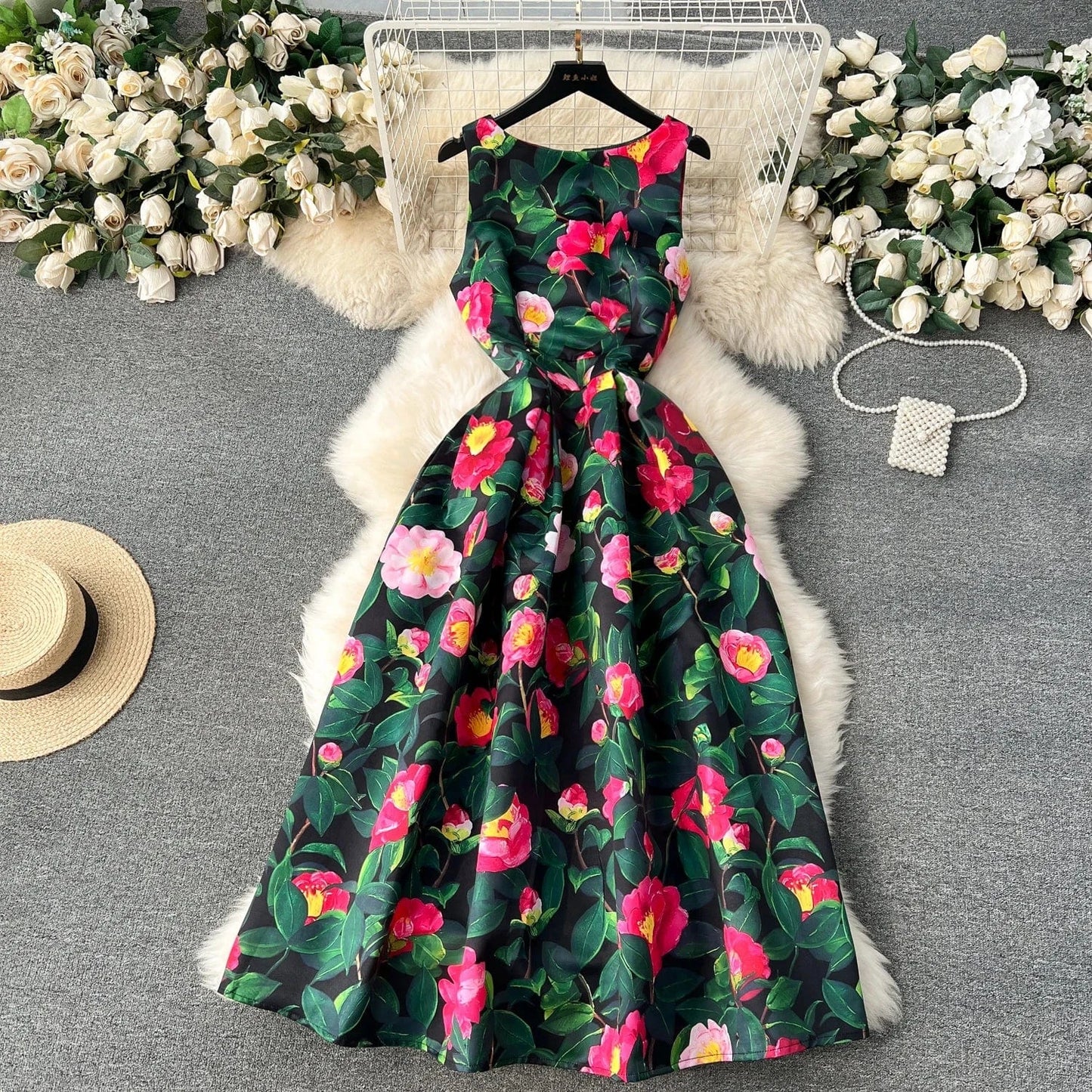 2024 Summer O-neck Sleeveless Print Casual Dress Women High Waist Maxi A-line Dress Ladies Retro Dresses Clothes Women Wholesale