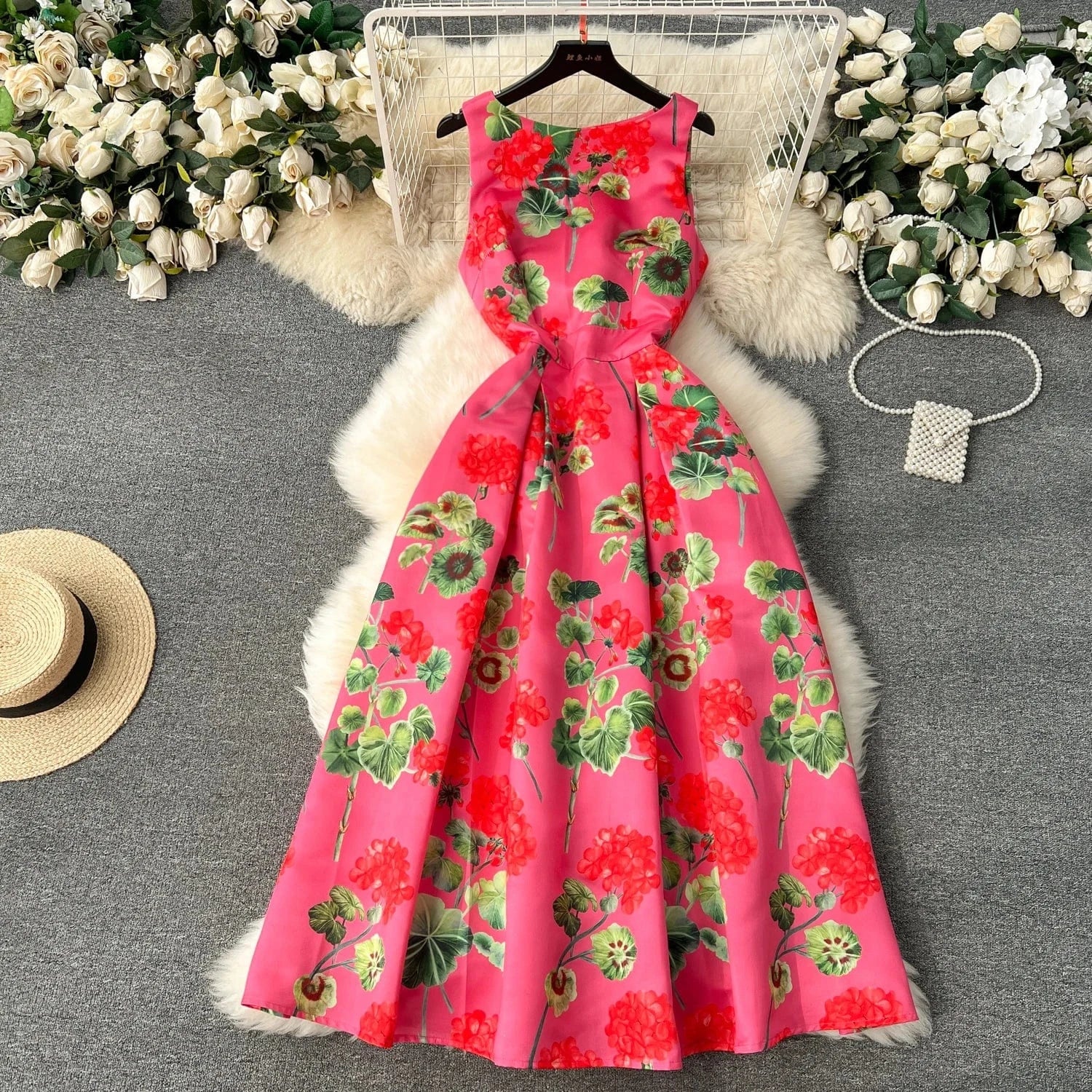 2024 Summer O-neck Sleeveless Print Casual Dress Women High Waist Maxi A-line Dress Ladies Retro Dresses Clothes Women Wholesale