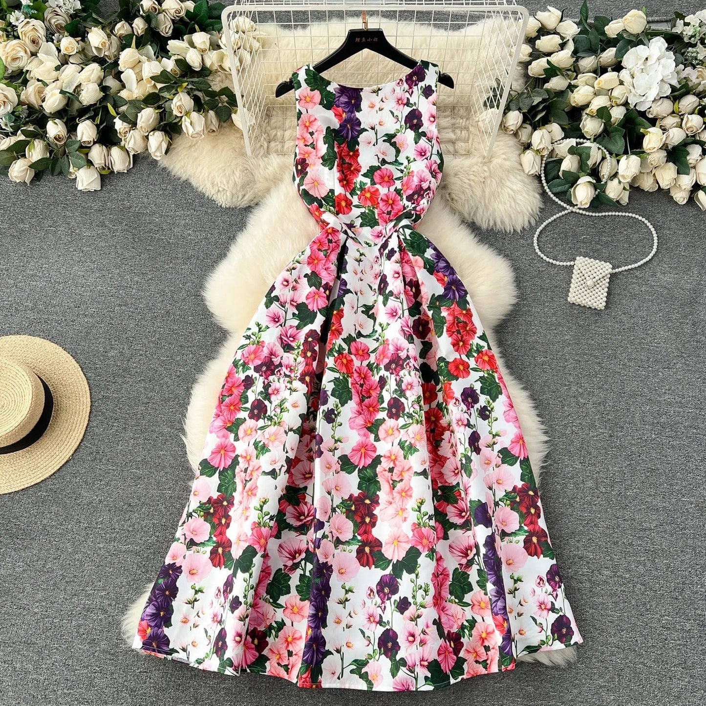 2024 Summer O-neck Sleeveless Print Casual Dress Women High Waist Maxi A-line Dress Ladies Retro Dresses Clothes Women Wholesale
