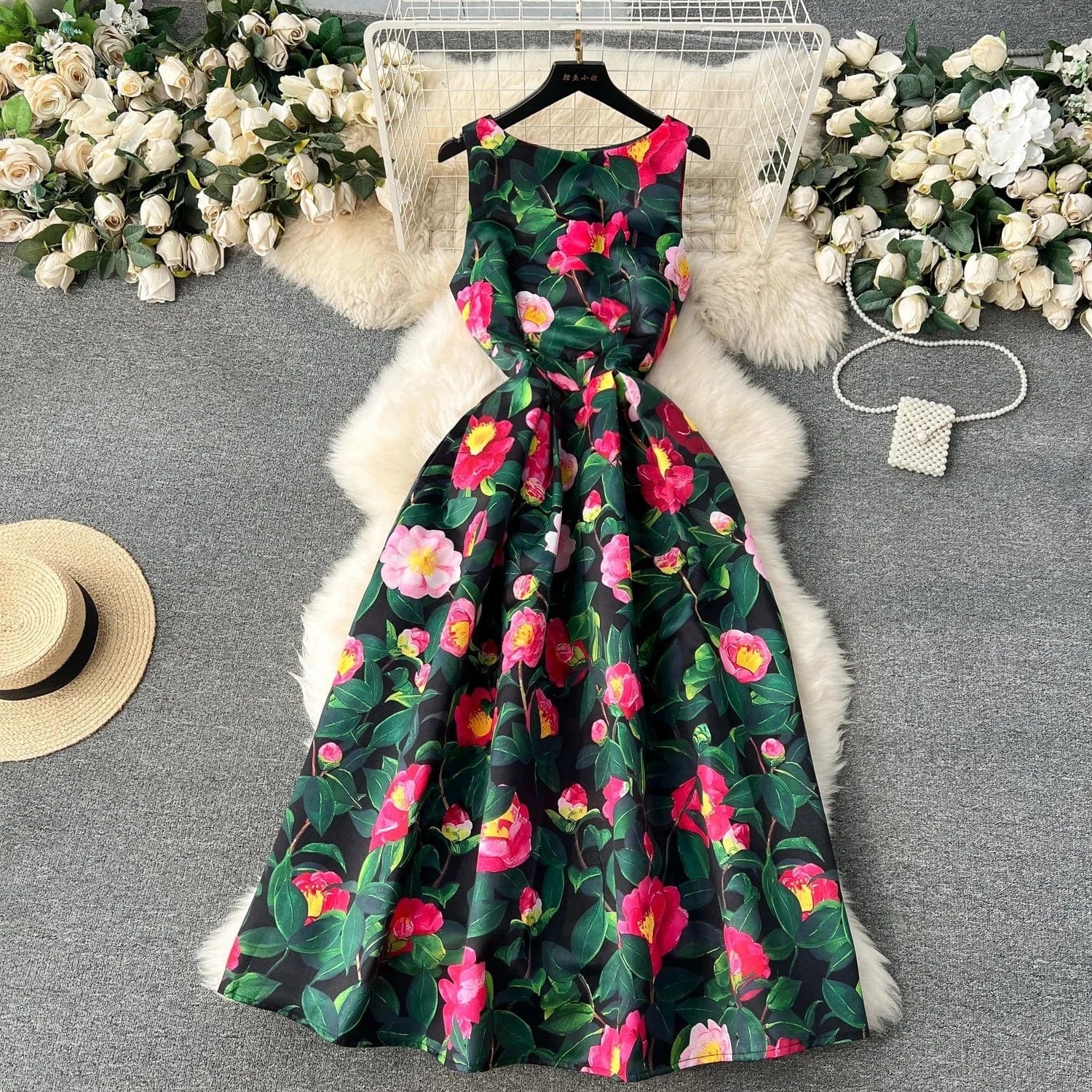 2024 Summer O-neck Sleeveless Print Casual Dress Women High Waist Maxi A-line Dress Ladies Retro Dresses Clothes Women Wholesale