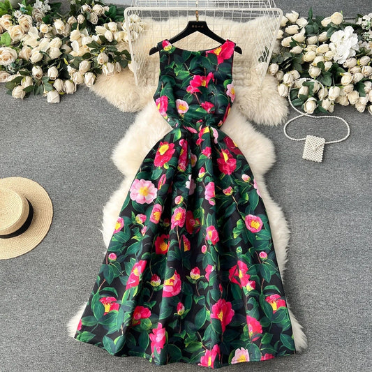 2024 Summer O-neck Sleeveless Print Casual Dress Women High Waist Maxi A-line Dress Ladies Retro Dresses Clothes Women Wholesale