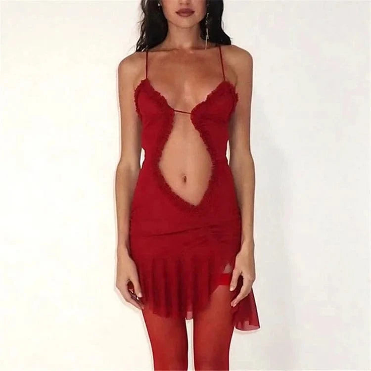 2024 Summer Ruffles Sheer Mesh Mini Dress Women Sexy Spaghetti Straps Backless Split Party Clubwear
