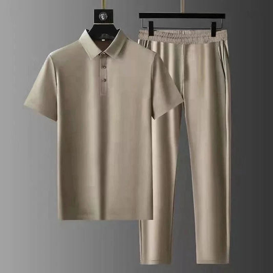 2024 Summer Thin Sports Set Men's Fashion Solid Color Polo Neck T-shirt Long Pants Men's Clothing Set