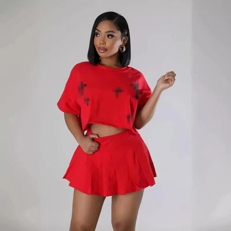 2024 summer trendy boutique S-2XL 2 piece designer pleated skirt and t shirt set for women