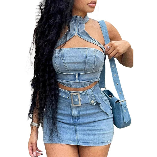 2024 summer trendy boutique S-2XL dropshipping denim jeans 2 piece skirt set for women