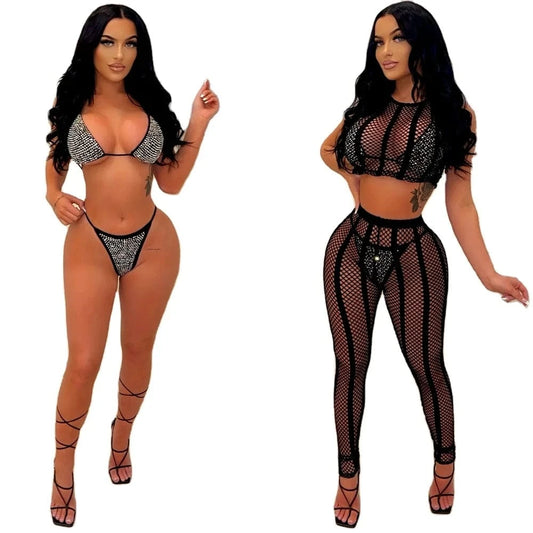 2024 Summer Women Diamonds Hot Rhinestones Bikinis Set Beach Swimsuit Sexy Party Club Swimwear 4 set