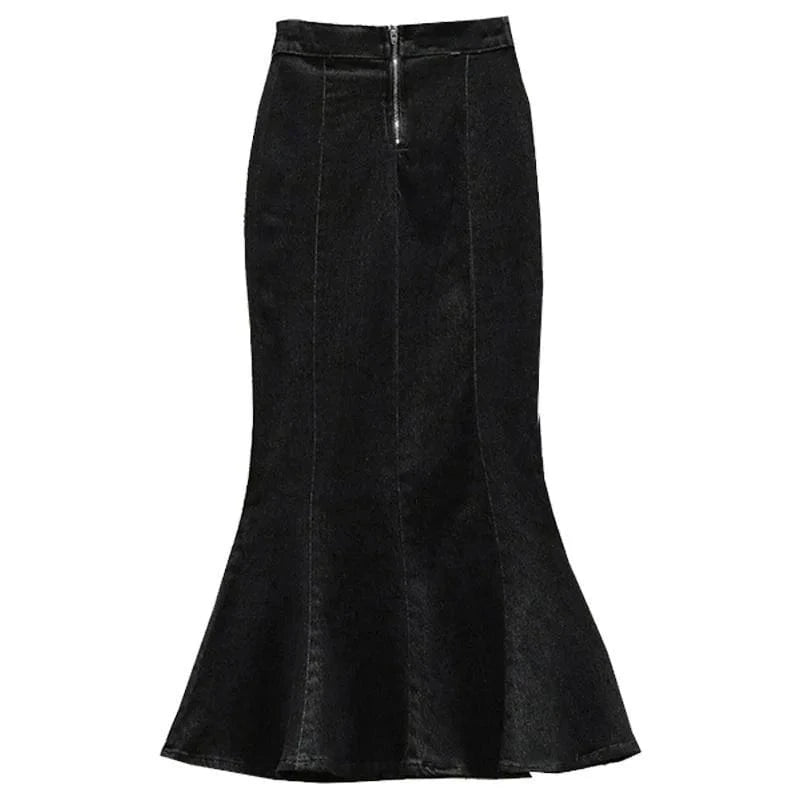 2024 Summer Women High Waist Denim  Ruffle Skirt Slimming Elastic Slit Wrap Buttocks Fishtail Solid Color Midi Long Skirt