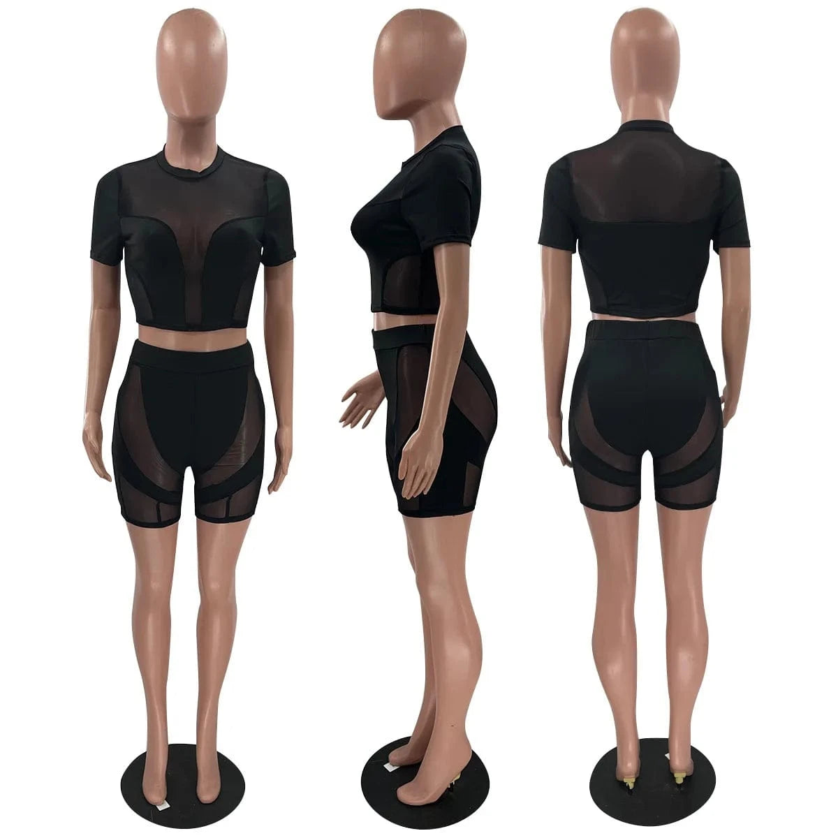 2024 Summer Women Sexy Club Wear Polyester Tracksuit Biker Shorts Mesh Sheer Patchwork Ladies Outfits Womens 2 Piece Summer Sets