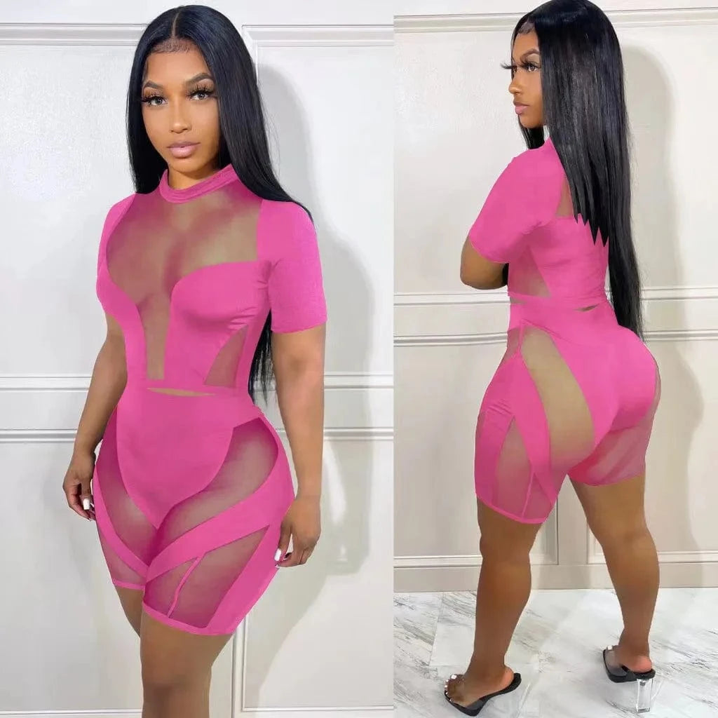 2024 Summer Women Sexy Club Wear Polyester Tracksuit Biker Shorts Mesh Sheer Patchwork Ladies Outfits Womens 2 Piece Summer Sets