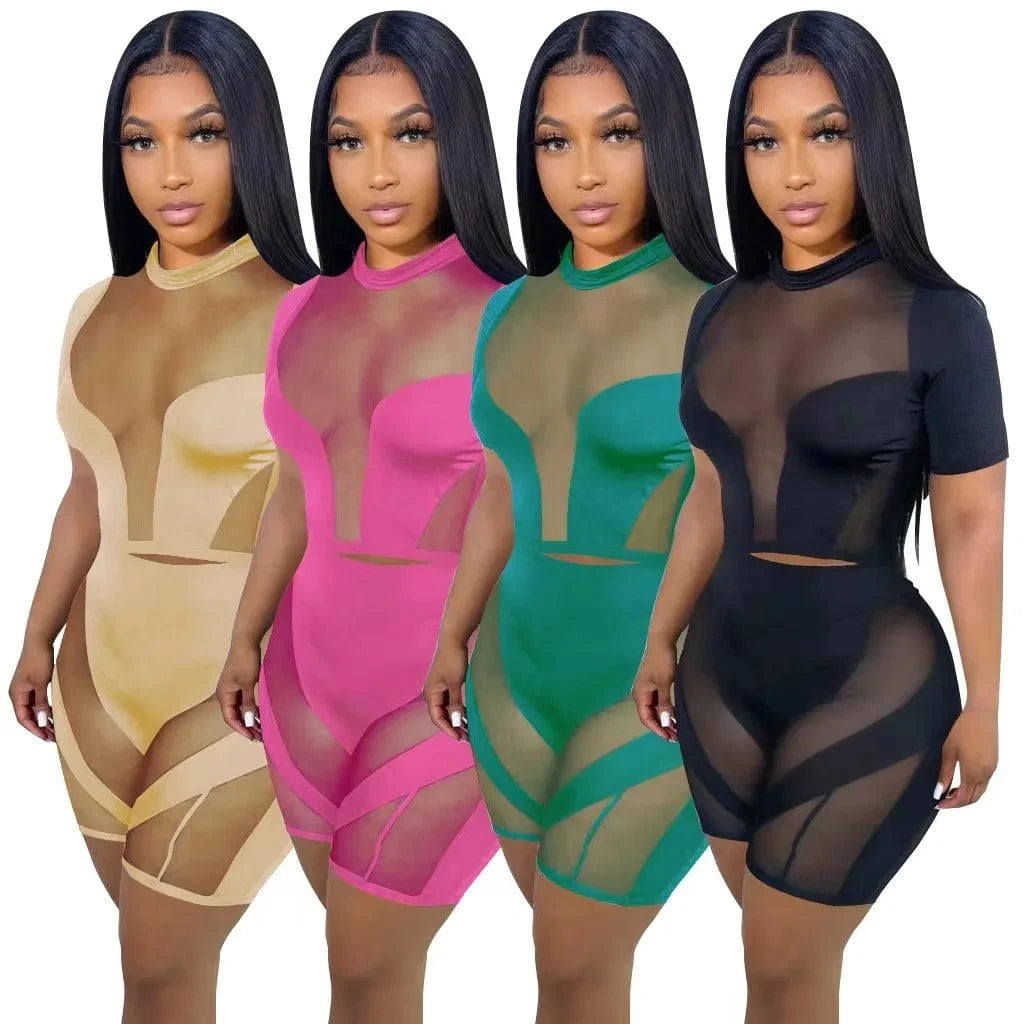 2024 Summer Women Sexy Club Wear Polyester Tracksuit Biker Shorts Mesh Sheer Patchwork Ladies Outfits Womens 2 Piece Summer Sets