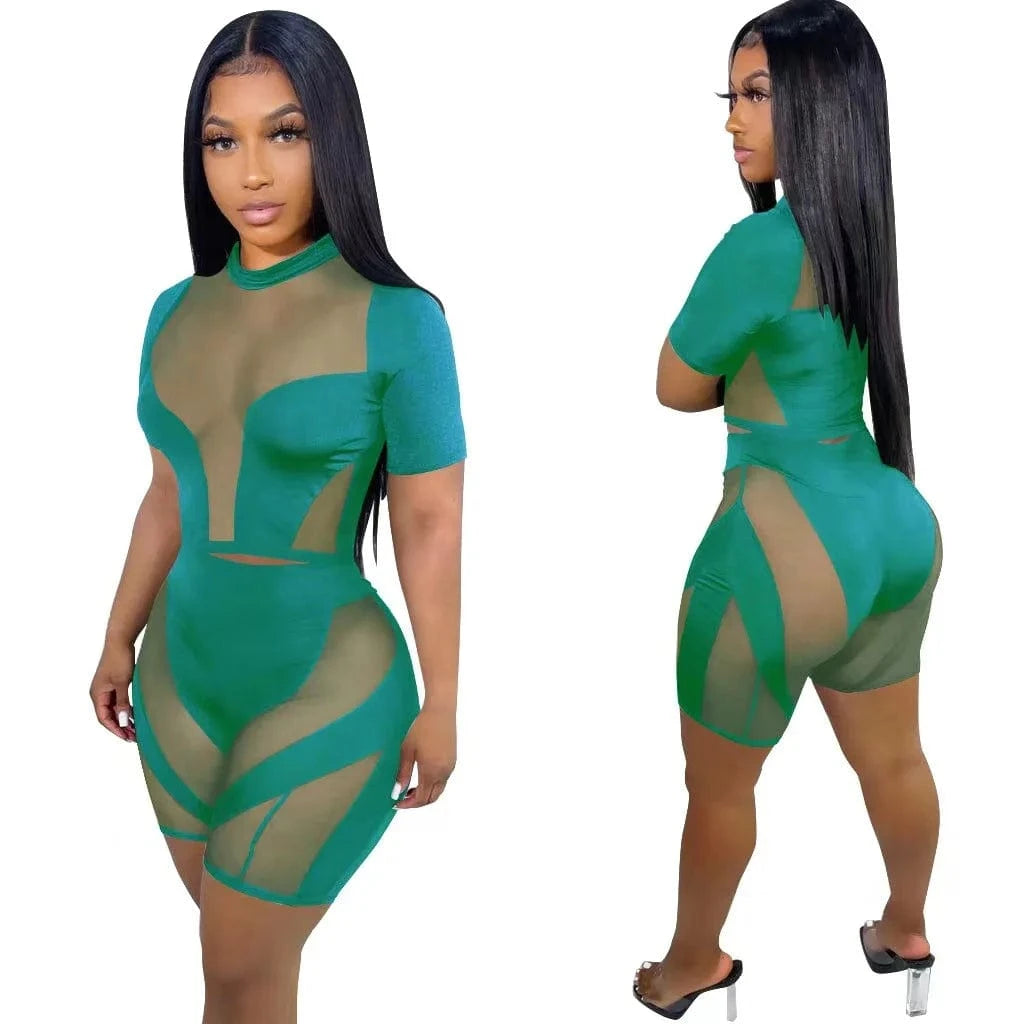 2024 Summer Women Sexy Club Wear Polyester Tracksuit Biker Shorts Mesh Sheer Patchwork Ladies Outfits Womens 2 Piece Summer Sets