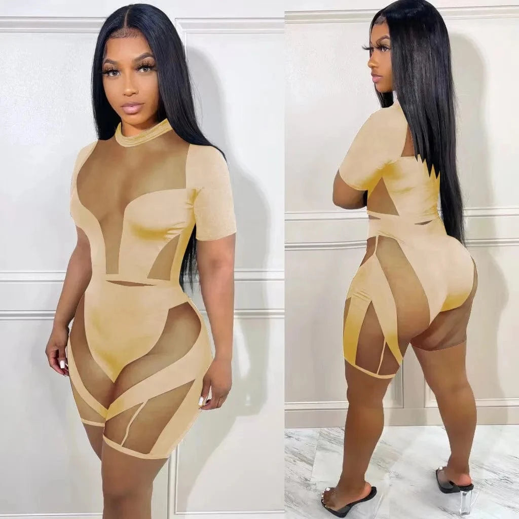 2024 Summer Women Sexy Club Wear Polyester Tracksuit Biker Shorts Mesh Sheer Patchwork Ladies Outfits Womens 2 Piece Summer Sets