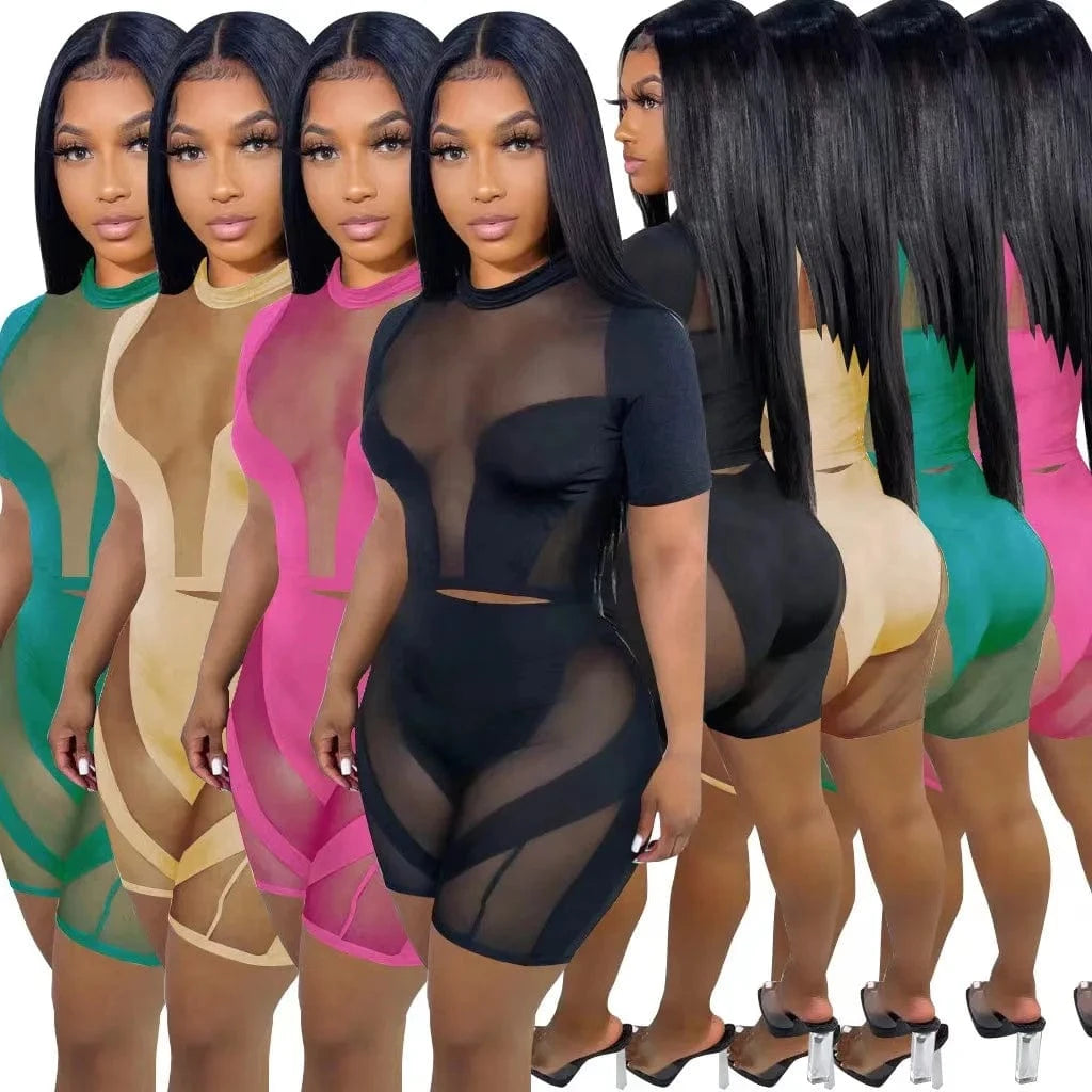 2024 Summer Women Sexy Club Wear Polyester Tracksuit Biker Shorts Mesh Sheer Patchwork Ladies Outfits Womens 2 Piece Summer Sets