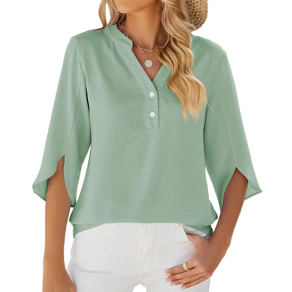 2024 Summer Women Shirts Chiffon Tops Solid Color V-Neck Button Women's  Ruffle Mid Sleeve Fashion Loose Casual Blouse