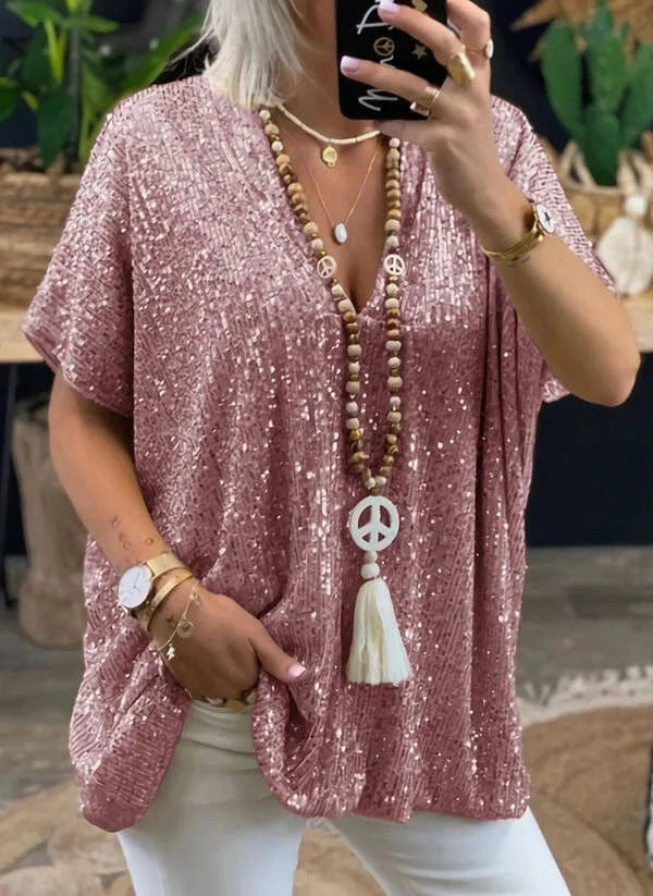 2024 Summer Women Shirts Tops Solid Color V-Neck  Women's  Sequin Short Sleeve Fashion Loose Fitting Casual Blouse
