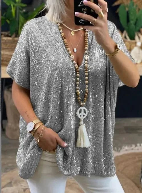 2024 Summer Women Shirts Tops Solid Color V-Neck  Women's  Sequin Short Sleeve Fashion Loose Fitting Casual Blouse