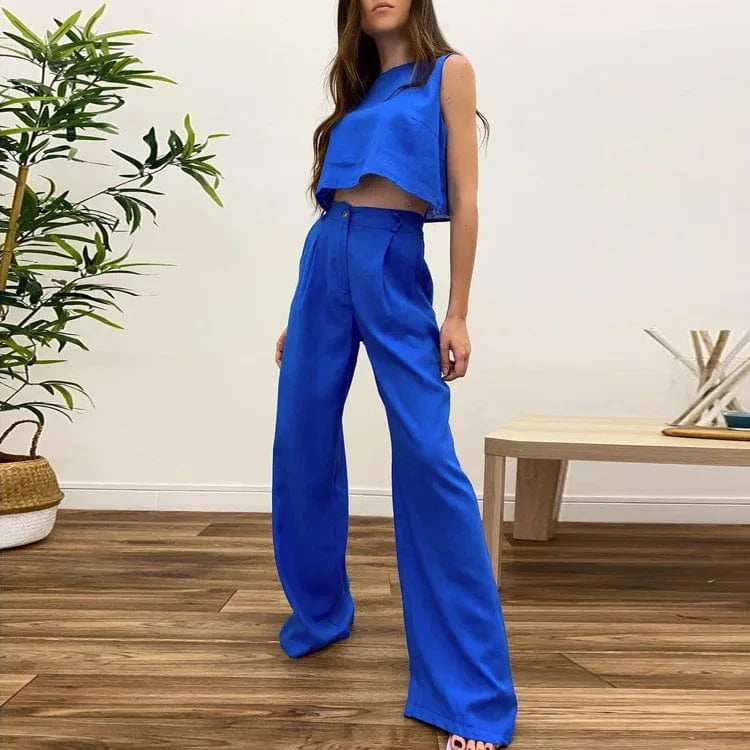 2024 Summer Women Solid Color Sleeveless Vest Top Wide Leg Pants 2 Piece Set Women Two Piece Outfits Suits