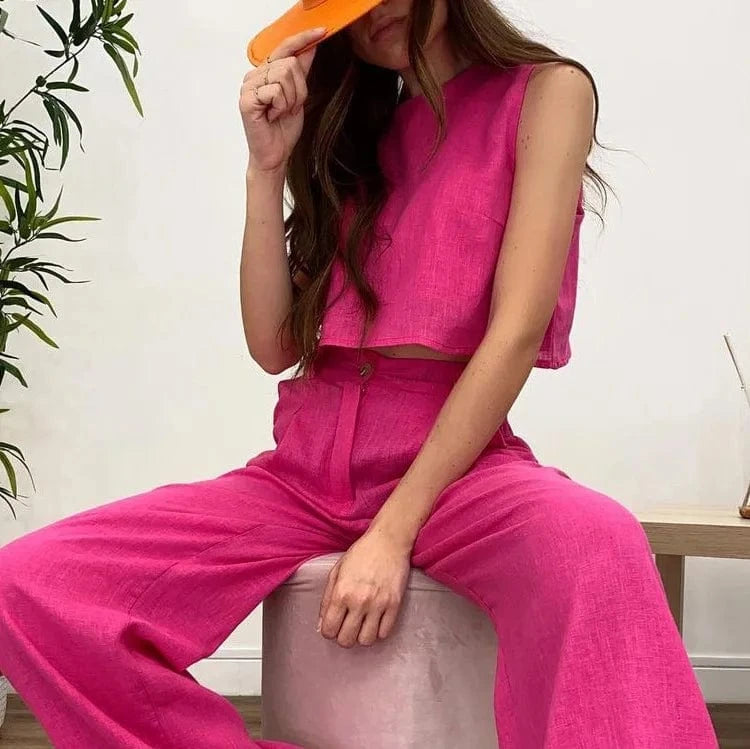 2024 Summer Women Solid Color Sleeveless Vest Top Wide Leg Pants 2 Piece Set Women Two Piece Outfits Suits
