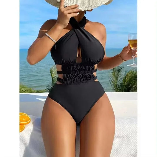 2024 Super Sexy Waist Special Design Pure Black One Piece Bikini Women Conservative Swimsuit Swimwear