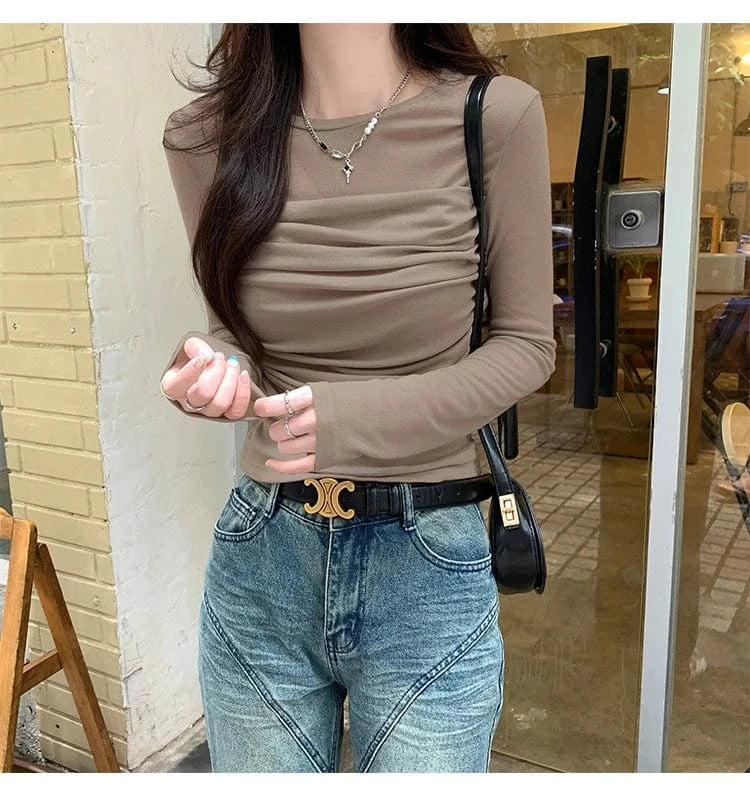 2024 T Shirt Women High Quality Fashion Ruffled Net Cotton T Shirt Women Slim New Style Long Sleeve T Shirt Women