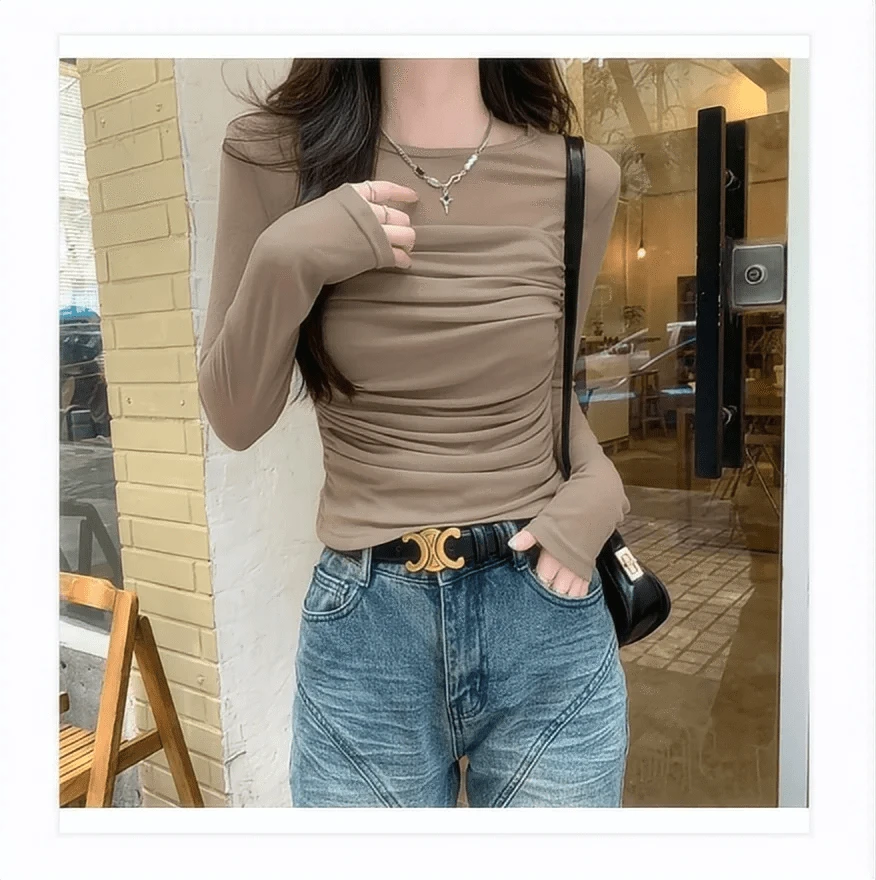 2024 T Shirt Women High Quality Fashion Ruffled Net Cotton T Shirt Women Slim New Style Long Sleeve T Shirt Women