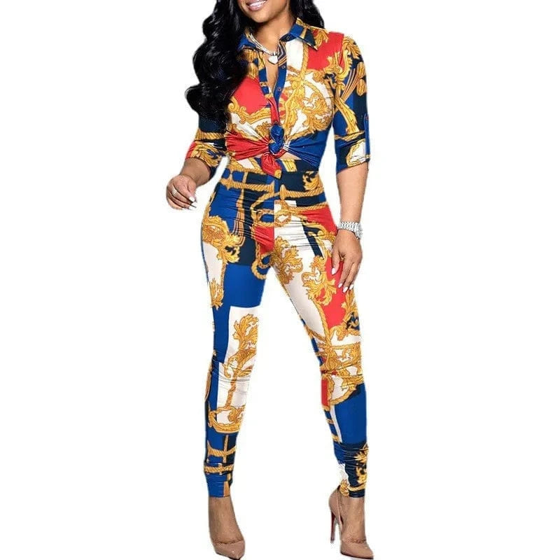 2024 The new casual suit a two-piece set of printed long-sleeve lapel shirt and casual pants